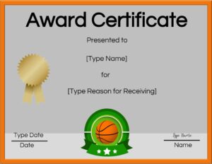 Orange border with green frame around the ball. Gold ribbon under the title "Award Certificate"