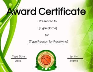 Basketball award certificate