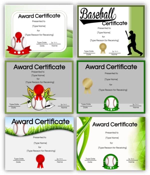 Baseball award certificates