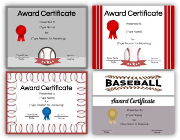 Baseball certificate templates