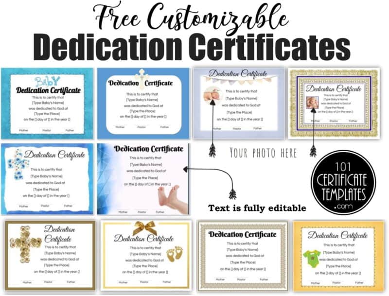 A selection of the dedication certificates that you can customize and print on this site.