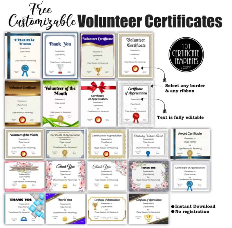 Samples of the volunteer certificate templates available on this site.
