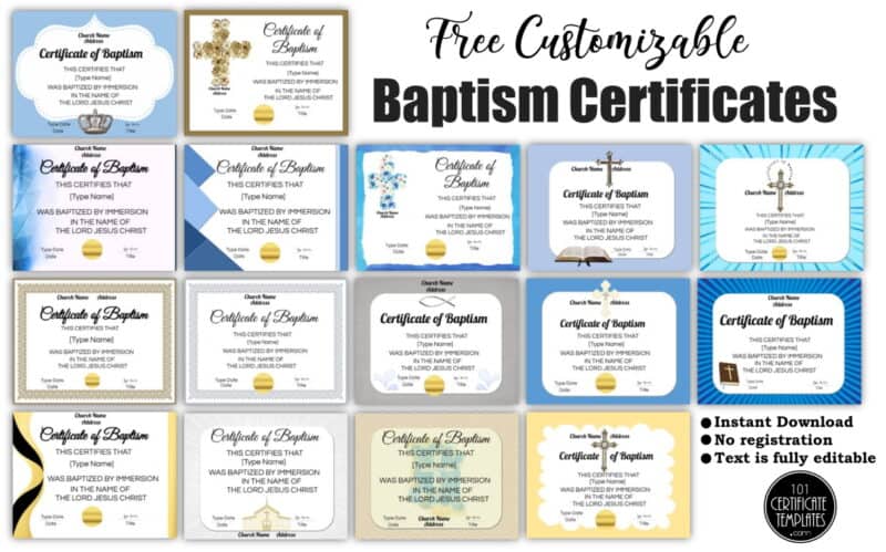 A selection of baptism certificate templates that you can customize online.