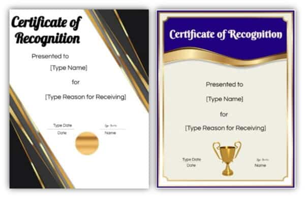 Two certificate templates with gold borders