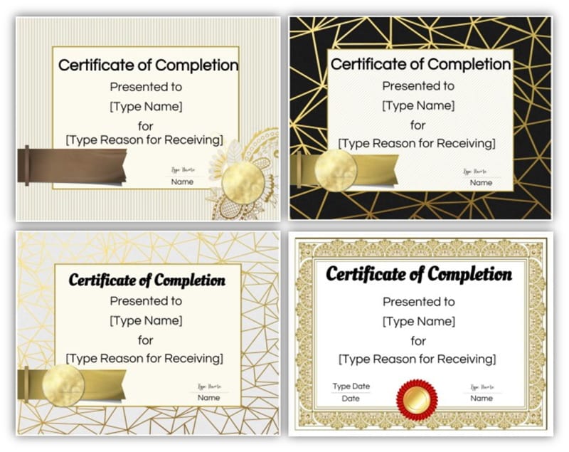 Four certificate of completion templates with gold borders