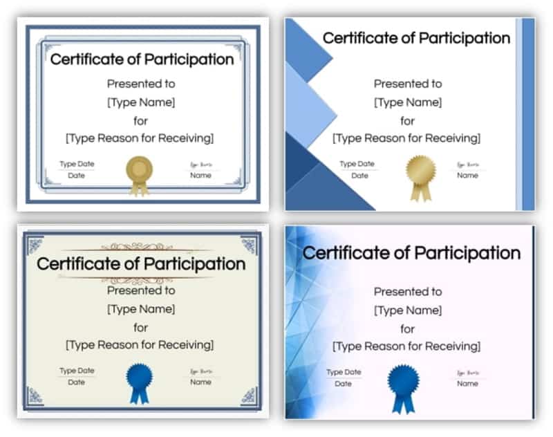 Four sample certificate of participation templates with borders and backgrounds in shades of blue.