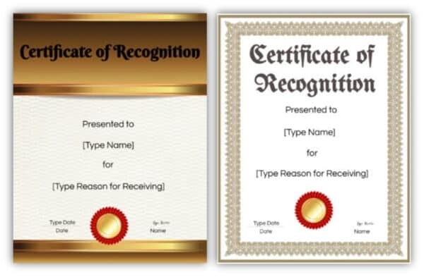 certificates of recognition with gold borders and a gold and red award ribbon