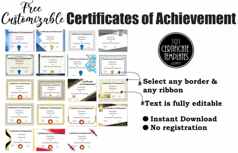 A sample of the certificates of achievement that you can customize on this site