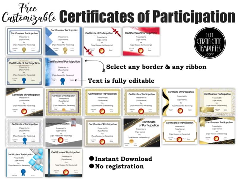 Samples of the certificates of participation that you can customize on this site.