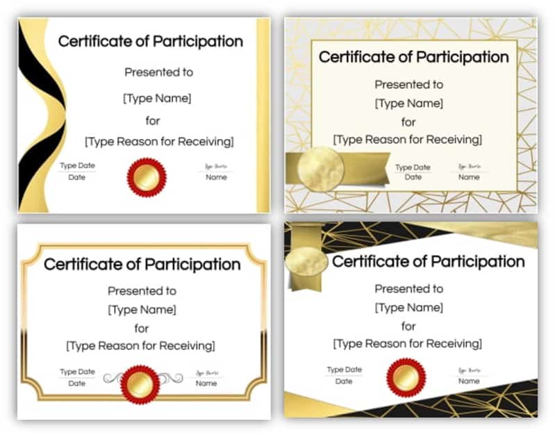 Four sample certificates of participation templates that you can create on this site.