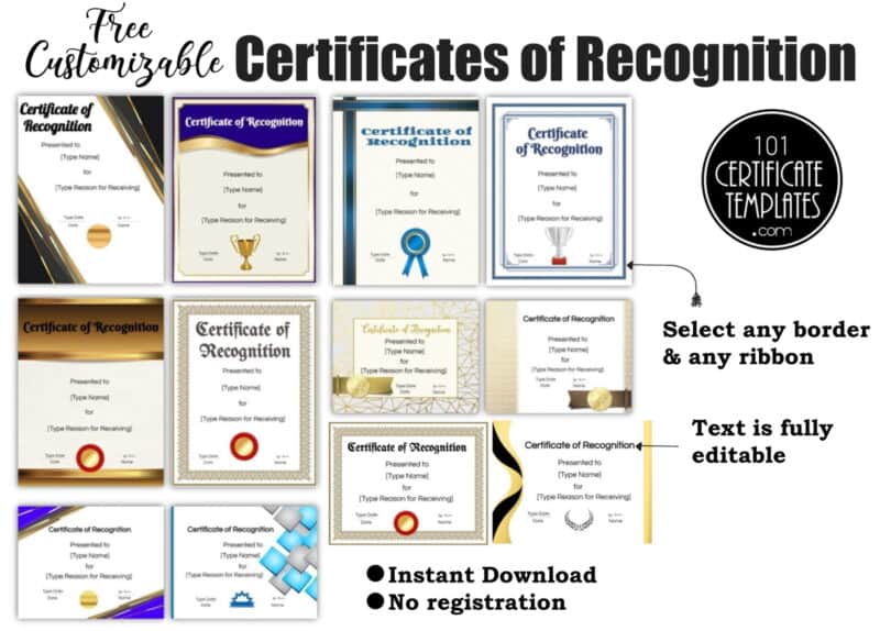 Samples of the certificates of recognition that you can customize on thsi site.