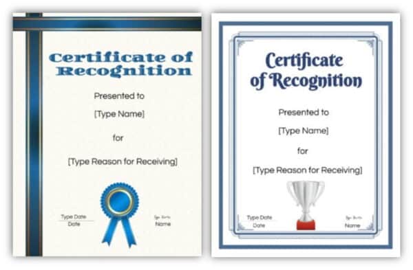 certificates of recognition with blue borders