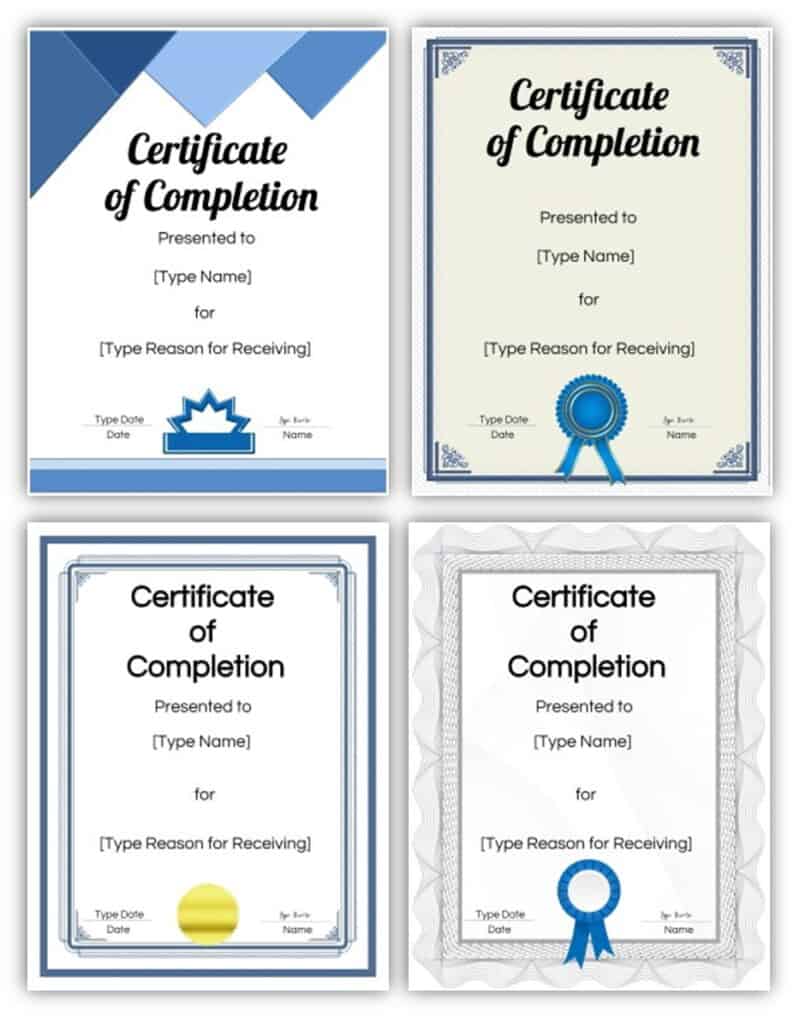 Four completion certificates with blue and silver borders