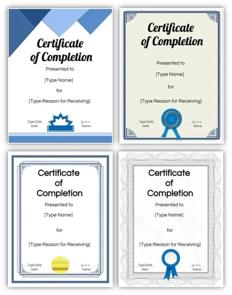 Four completion certificates with blue and silver borders