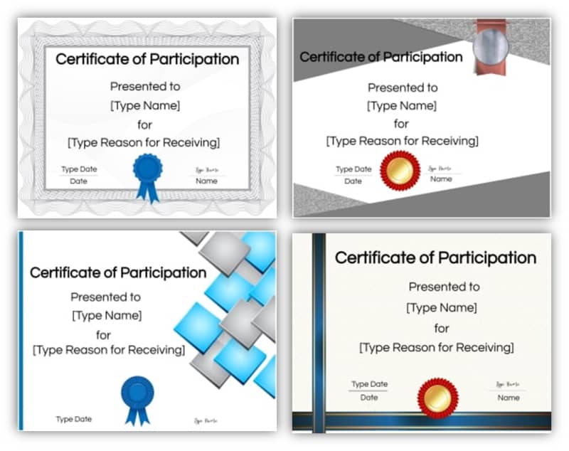 4 participation certificate templates with blue, grey and silver borders.