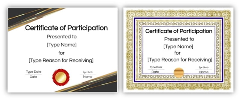 Two sample participation templates with gold backgrounds.